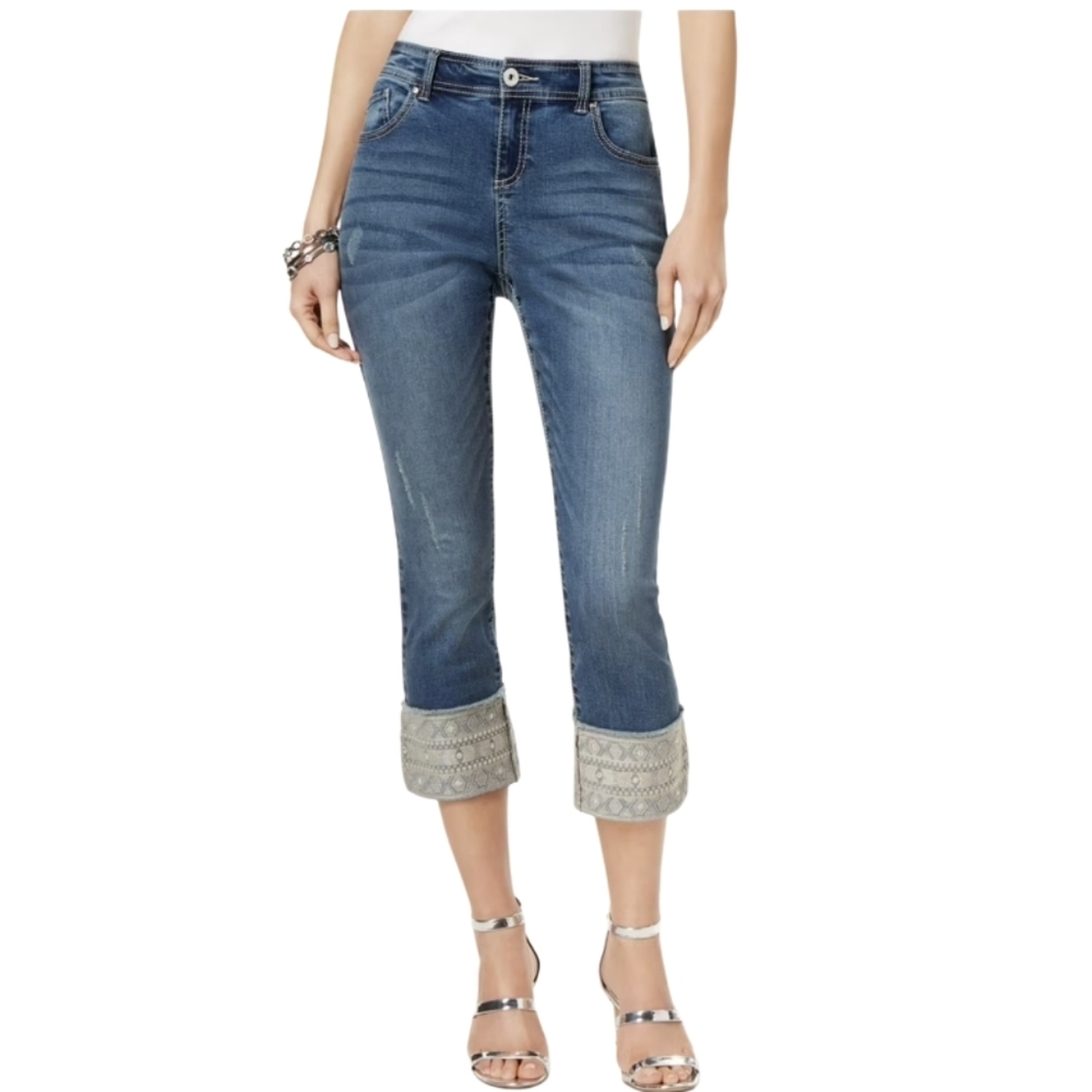INC International Concepts Blue Cropped Jeans with Embellished Silver Cuffs